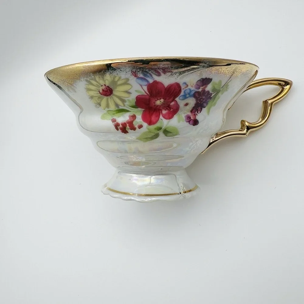 Trimont Ware Japan Pedestal Teacup Saucer Floral Gold Gilt Luster Vintage Tea Se